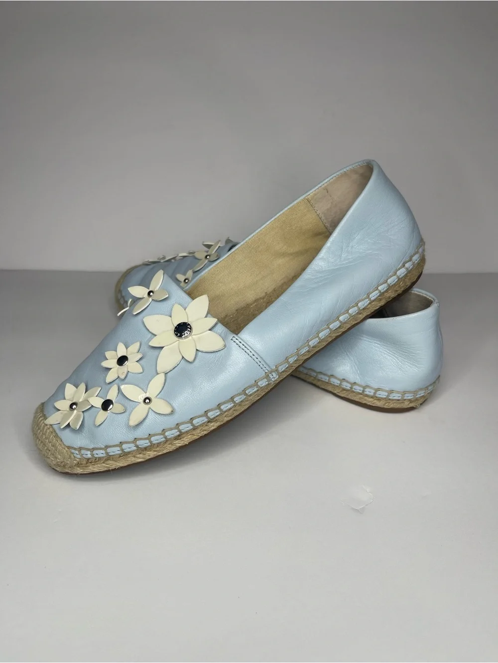 Michael Kors Light Blue Leather Lola Espadrilles size 36 Floral Appliqué